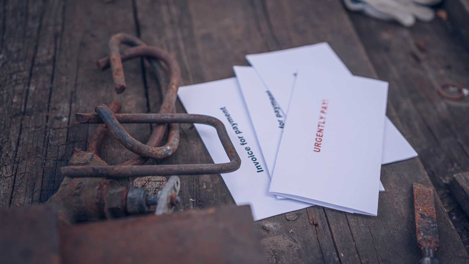 Urgent payment letters pictured beside a rusty metal trap